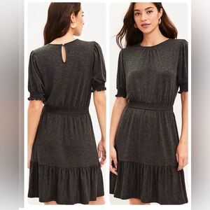 NWT Loft Women's Short Sleeve Charcoal Dress with Ruffle Hem